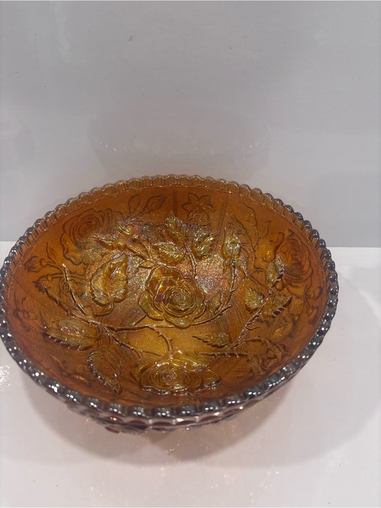 Other - Vintage amber marigold carnival glass rose pattern serving bowl 8” iridescent